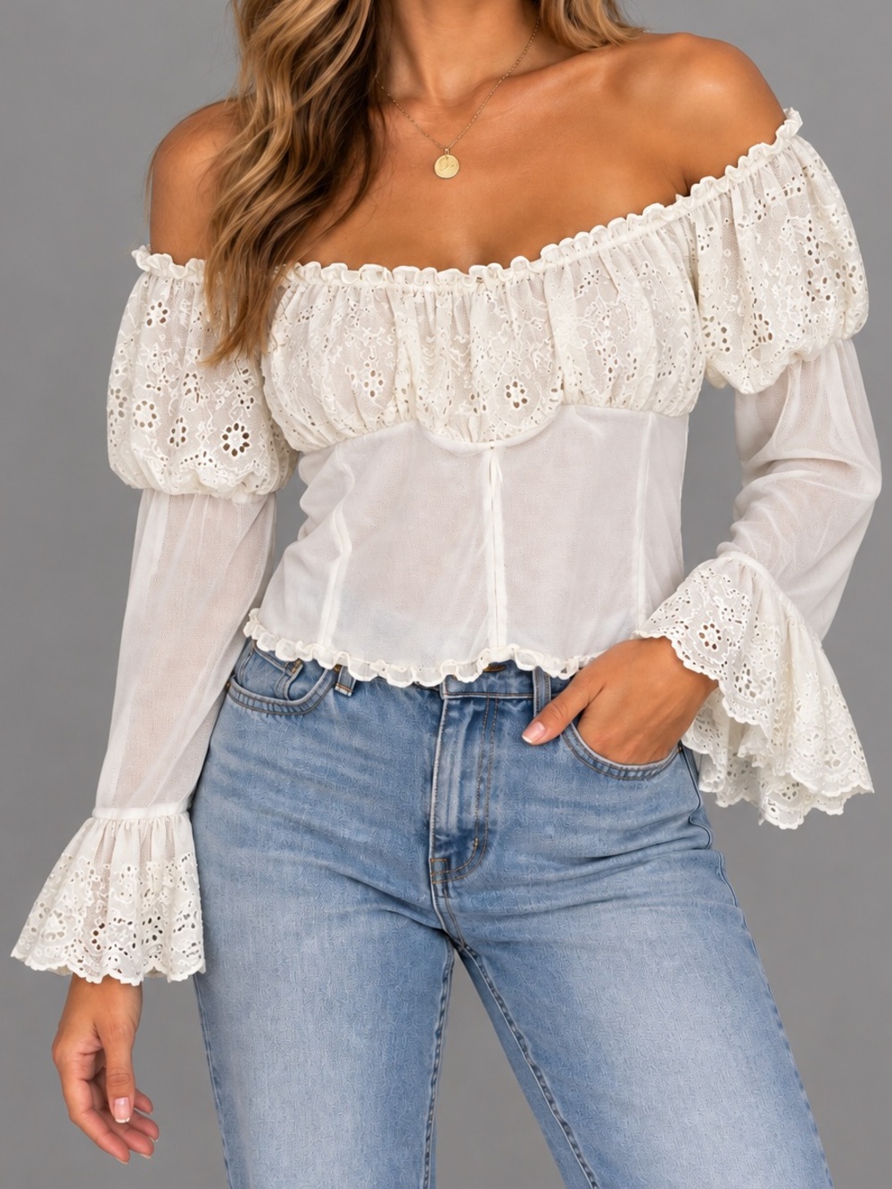 Romantic White Lace-Trim Off-Shoulder Blouse
